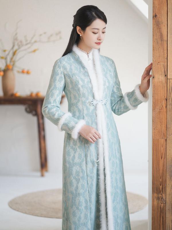 厚い チャイナ 瞑想 茶 韓服 女性 ドレス スーツ 冬 ウール スーツ チャイナ 唐 ロング 中華風