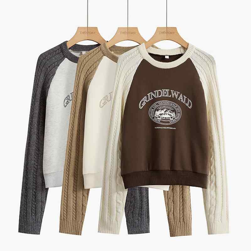 スプライシング ショート 冬 トップス ファッション スリム 女性用 普段使い スウェットシャツ レディース キャメル プリント レトロ カジュアル ニット 長袖 アメリカン