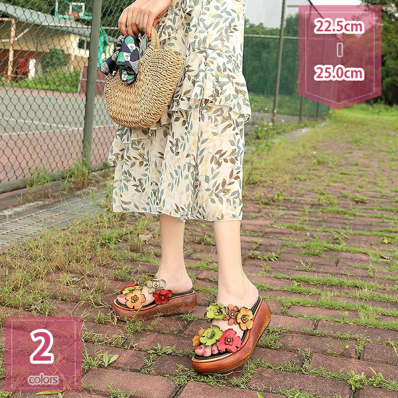 2000円OFFクーポン 美脚 ミュール サボ サンダル レディース ダブルベルト お花 つっかけ ウェッジソール 大きいサイズ 厚底サンダル 軽い レザー コンフォートサンダル かわいい フラワー プラットフォーム 疲れない 低反発 スリッパ 外履き holosbird-goods1|Holosbirdgoods1