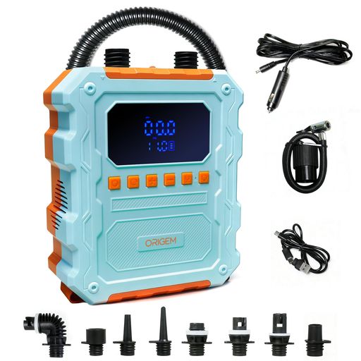 Origem電動エアーポンプSUP用高速約4分充填【60PSI高圧&大容量20800mAh】10種類のノズル・110cmホース・収納ケース付き、SUP/カヤック/テント/車/バイク/自転車タイヤなど幅広く対応