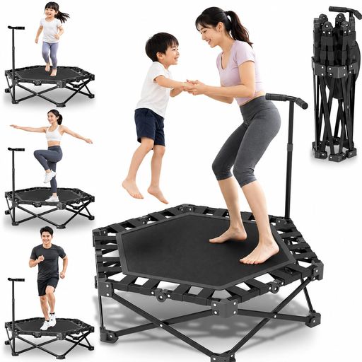 トランポリン 室内用 折りたたみ式 106cm 大型 静音 子供 大人 兼用 手すり付き 高さ3段階調節 耐荷重150kg ミニトランポリン 家庭用 エクササイズ 室内トランポリン ダイエット 子供用トラ&hellip;｜HOMARINA 店