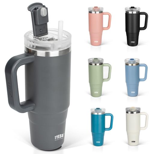 TYESOタンブラー1.2L水筒保冷ステンレスボトルウォーターボトルストロー取っ手付きジョッキアウトドア真空断熱二重構造広口大容量直飲女の子男の子1200mlグレー