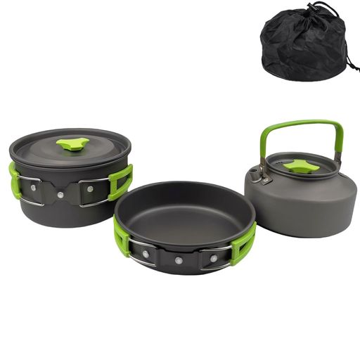 OULOVECOキャンプ用調理器具セット3点セット食品グレードの硬質アルミニウム折畳み式軽量アウトドアケトルフライパン調理鍋収納袋付き持ち運びに便利キャンプ用品耐熱直火対応調理器具…