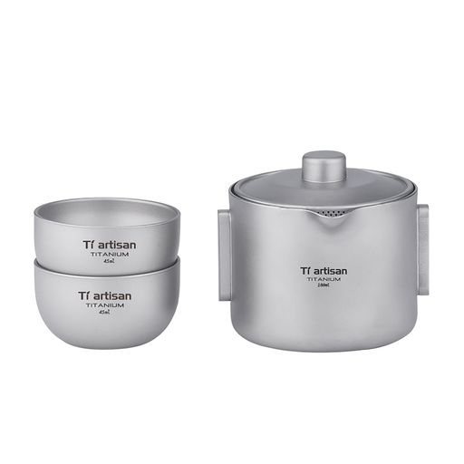 Ti artisan チタン製茶器仕かける, 二重社会システム急須と湯呑, 180ml, 納める袋付き添い人, 軽さアウトドア・旅する用 (サンディング)