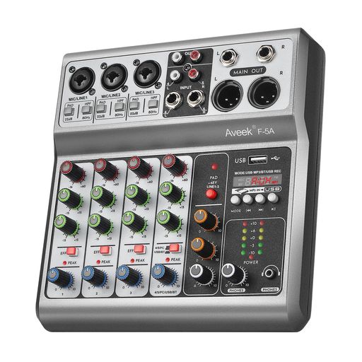 Aveek 5チャンネルオーディオミキサー、USB/Bluetooth対応リバーブ・ディレイ効果搭載サウンドボードミキシングコンソール、入力48Vファンタム電源対応ステレオDJミキサー(録音・ライブ配信&hellip;｜HOMARINA 店