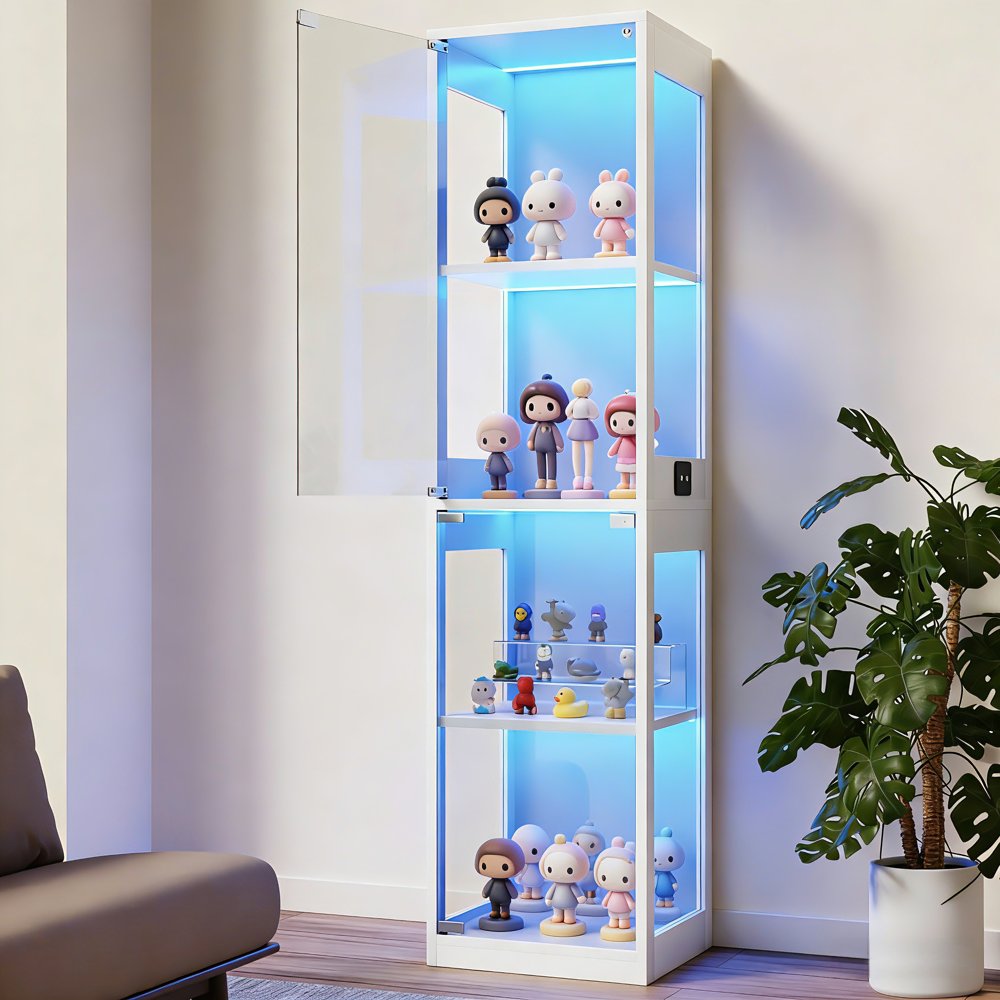 ガラスディスプレイキャビネット 大型4段単扉 LEDライト付き コレクションシェルフ 幅40×奥行35×高さ160cm ホワイト|ホムブリス