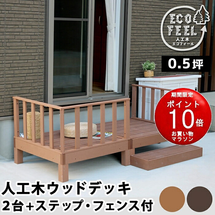 【メーカー直送品】人工木ウッドデッキ ecofeel（エコフィール）2台　ステップ・フェンスセット PWDE-2P-SFSET【同梱不可】