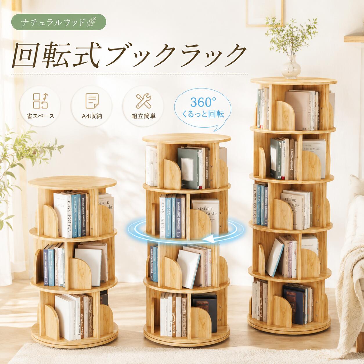 本棚 絵本棚 木製 回転 回転式本棚 回転絵本ラック おすすめ 天然木 3段 4段 ５段 大容量 スリム A4が入る高さ コミックラック 漫画 収納棚 回転ラック 収納｜HomelyGoods