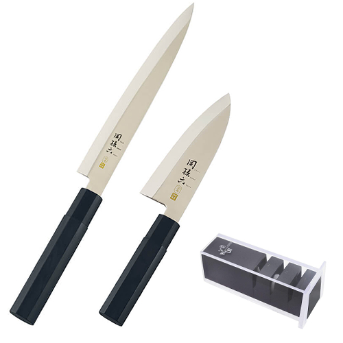 貝印 関孫六 金寿ST 出刃、刺身、菜切 和包丁3本セット 片刃シャープナー 貝印 包丁セット 関孫六 銀寿ST 和包丁3本＋研ぎ器セット ｜ KAI 日本