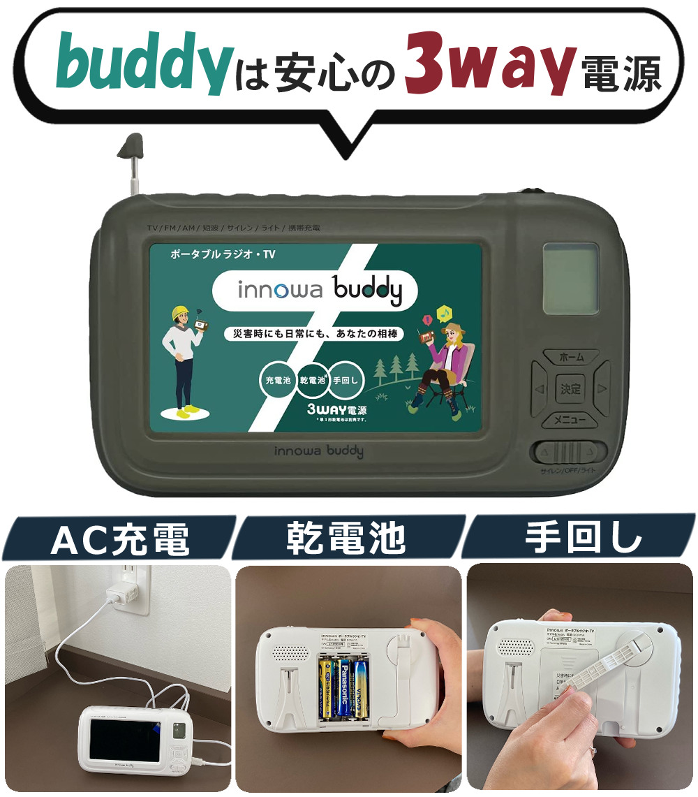 早割クーポン 1台5役の防災ラジオ Innowa Buddy バディー ホワイト Or オリーブ もしもの時に心強い 3way電源 充電 乾電池 手回し テレビ ラジオ ライト モバイルバッテリー 防災グッズ 防災用品 多機能 Iskisita Com Br