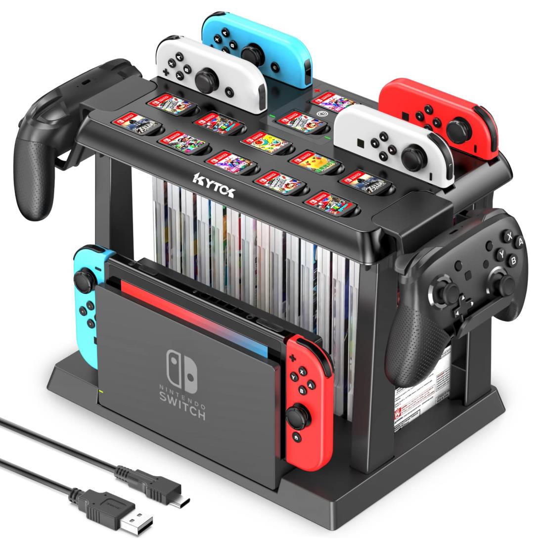 Switch収納スタンド Kytok Joy-Con充電 Switchドック収納 Joy-Con/Proコントロー ラー/スイッチ本体とドック/ゲームソフト全部収納可能 組立式 省スペース 多機能 大容量 オールインワンスタンド ブラック