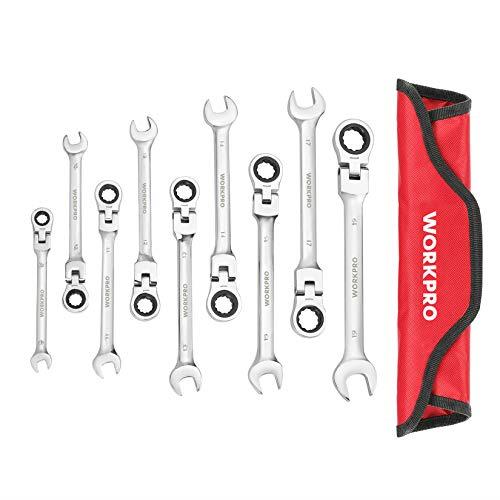 WORKPRO フレックスラチェットレンチ コンビネーションレンチ 首振り 8～19mm 72ギア 9本組 スパナ 組み立て 自動車修理 メンテナンス いじり DIY用 収納バッグ付
