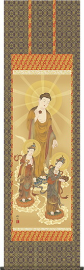 掛け軸-阿弥陀三尊佛／浮田秋水（尺五）仏画掛軸・送料無料掛け軸[床の間 仏間 飾る 法事 法要 供養 仏事 初盆 追善供養 モダン 贈答 表装]