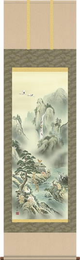 掛け軸 蓬莱四神五猿図 幸田薫風 尺五 桐箱 緞子 [和室 床の間 開運 起画の良い お洒落 壁掛け つるす 安い モダン ギフト 表装] 17,800円