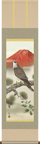 楽天市場】鷹の掛け軸 三福之図 家康の故事にならった一富士二鷹三茄子