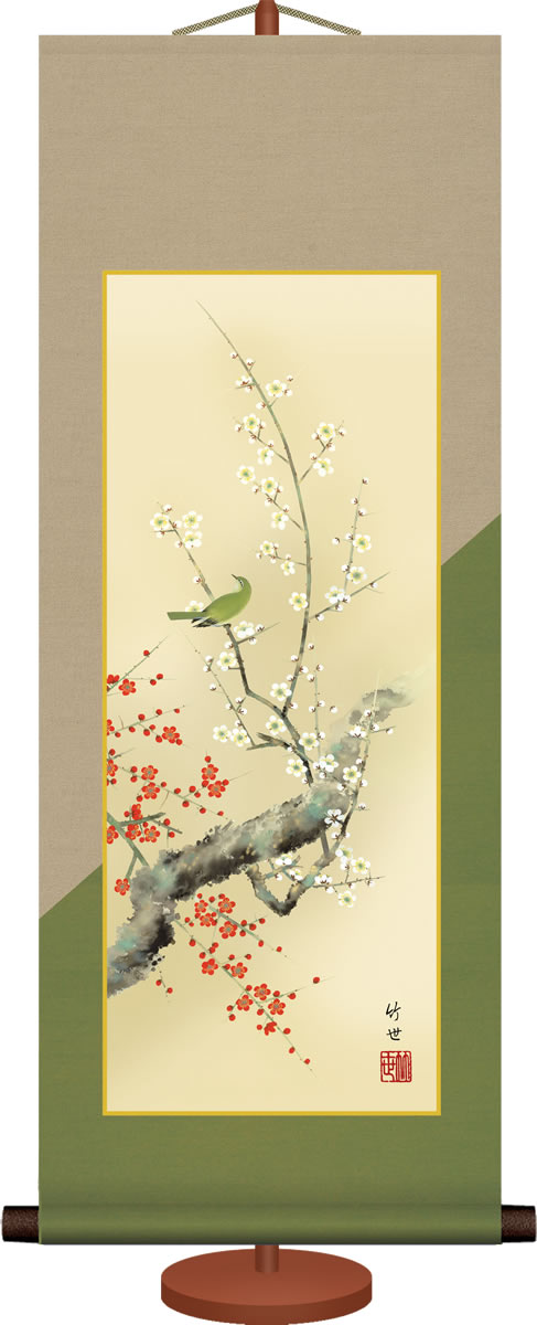 楽天市場】掛け軸 掛軸-紅白梅に鶯/田村 竹世（ミニ掛軸・飾りスタンド