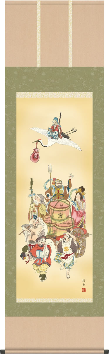 七福神 掛軸 浮世絵 和紙製 景文 七福神 縁起物 招福 福寿 開運 掛け軸 掛軸 浮世絵 和紙製
