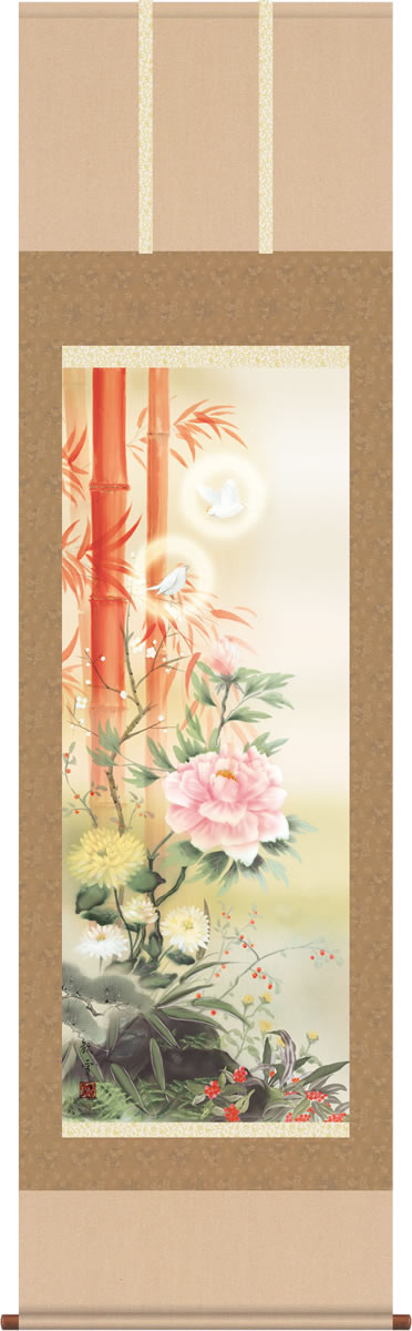 掛け軸 開運画掛軸-吉祥百花繚乱図/片山観雪(尺三)床の間 和室 厄除け[送料無料]