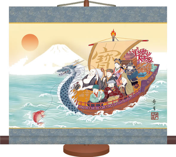 ミニ掛軸-七福神/北山 歩生(専用飾りスタンド付き)和風モダン掛け軸 招福開運画 コンパクト[送料無料]daily-1