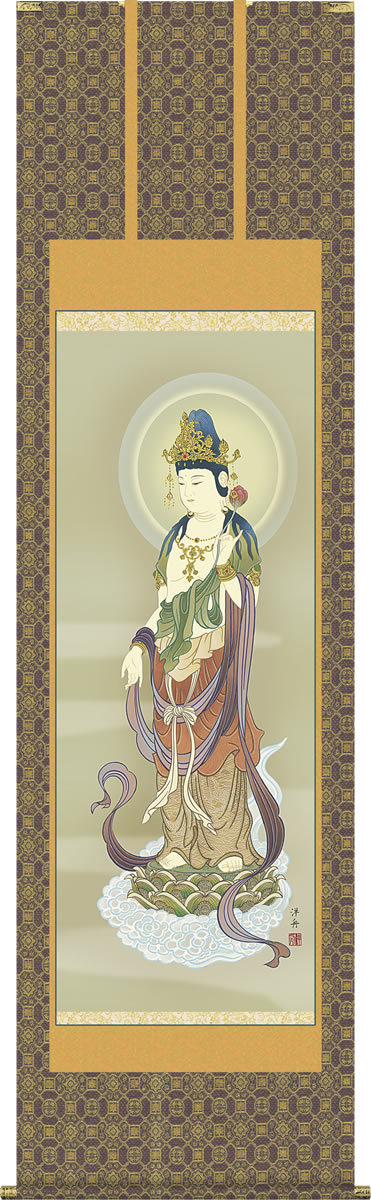 掛け軸 雲上観音 小野洋舟 尺八 桐箱 金襴 大幅 仏画掛軸[床の間 仏間 飾る 法事 法要 供養 仏事 初盆 追善供養 モダン 贈答 表装]｜掛け軸の【ほなこて】店