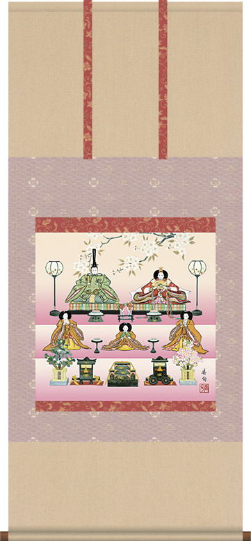掛け軸 段飾り雛 伊藤香旬 尺五横 桐箱 桃の節句画掛軸でお雛様祭りをより華やかに♪[和室 床の間 節句画 桃 雛祭り お雛様 女の子 モダン オシャレ 壁掛け 安い 贈物 ギフト 飾る]