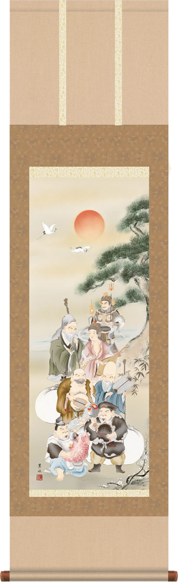 掛け軸 掛軸 七福神 緒方葉水 尺三 化粧箱 和室、床の間に飾る モダンに掛物をつるす