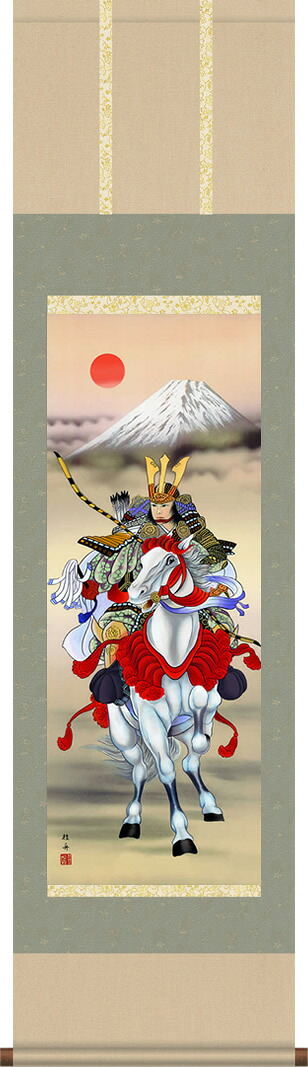 掛け軸-白馬武者／長江　桂舟（尺三・化粧箱）床の間に男児の成長祈願で飾る端午の節句画掛軸、初節句のお祝い掛軸としてもどうぞ♪送料無料、伝統の床の間飾り｜掛け軸の【ほなこて】店