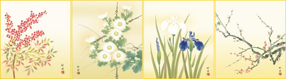 四季絵色紙4枚セット-四季淡花（色紙掛け軸とともにどうぞ）