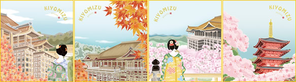 ご当地土産色紙4枚セット-清水寺（色紙掛け軸とともにどうぞ）