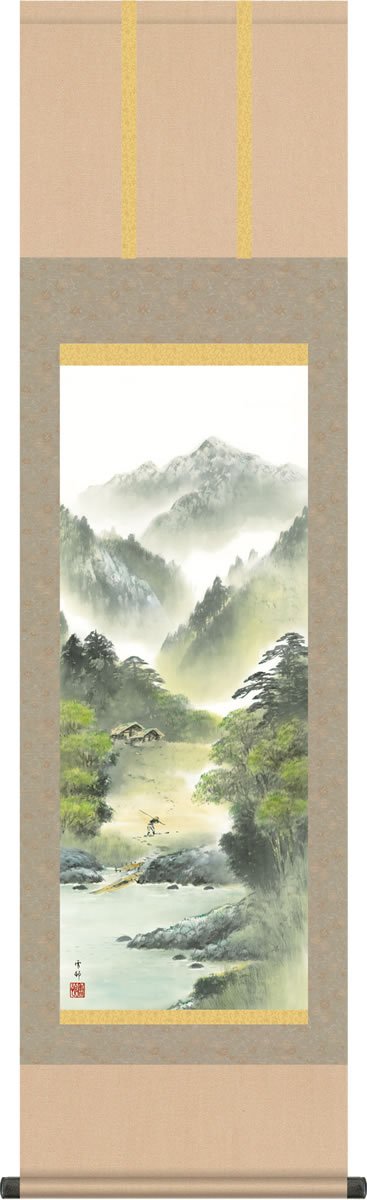 掛け軸　山水画　北海淡彩山水立軸 複製】越仙/山水図/印刷/工芸品/掛軸☆宝船☆AD-477の通販 by