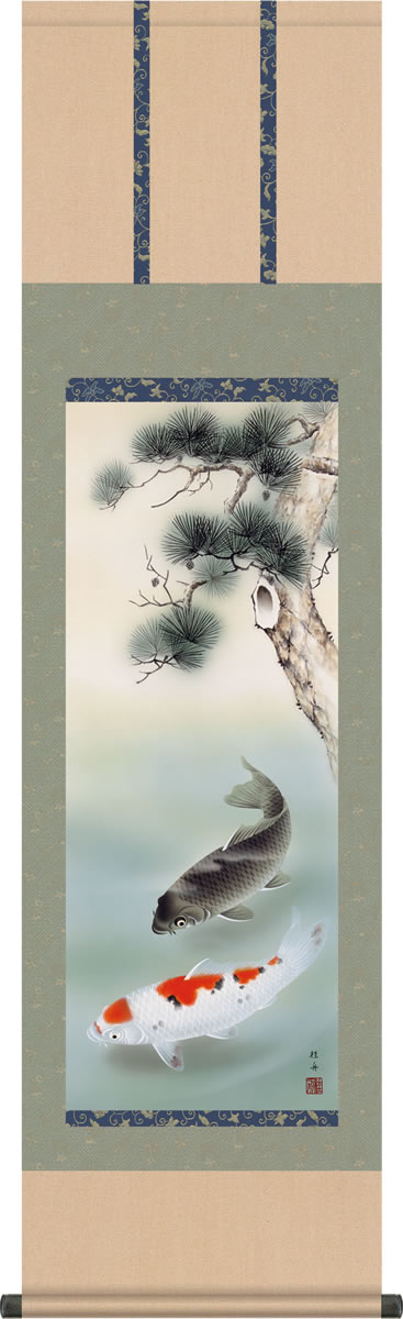 端午の節句画掛軸-松下遊鯉/長江桂舟(尺三)床の間 和室 高級 掛け軸 人気 お祝い 祭り モダン オシャレ 吊るす 鯉図[送料無料]