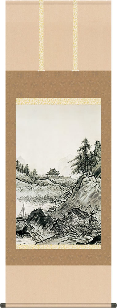 掛け軸 雪舟等楊 『円窓山水』掛軸 木製軸 紙本 水墨画 3g9-082_2.jpg