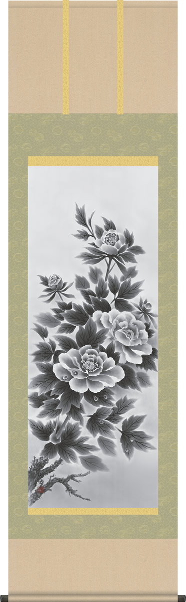 掛軸 掛け軸-墨牡丹/田村竹世 花鳥画掛軸送料無料(尺五 桐箱 正絹)｜掛け軸の【ほなこて】店