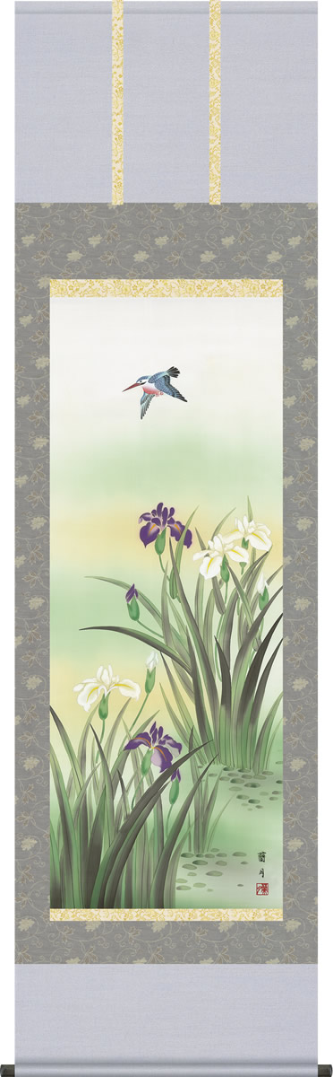 掛軸 掛け軸 菖蒲にかわせみ 吉井蘭月 花鳥画掛軸送料無料 尺五 桐箱 緞子 モダンに掛物を吊るす|掛け軸の【ほなこて】店