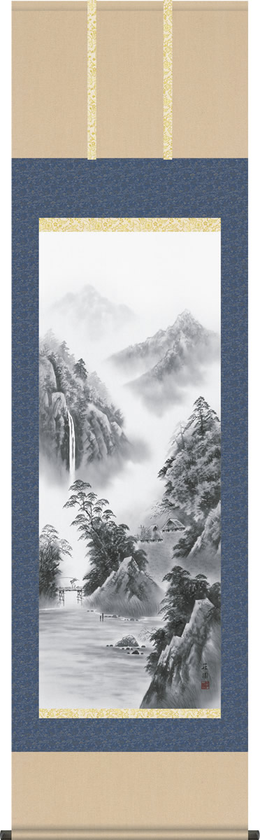 掛軸 掛け軸 紫山憧憬 有馬荘園 山水画掛軸 送料無料 尺五・桐箱 緞子 [和室 床の間 モダン ギフト おしゃれ 壁掛け 吊るす 安い 贈物 贈答 表装 送料無料]｜掛け軸の【ほなこて】店 17,608円