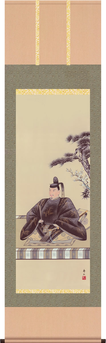 掛軸 掛け軸 天神 鈴村秀山 慶祝画掛軸送料無料 尺五 桐箱 緞子 祝賀、寿ぎの掛軸、お正月やお目出度い席に飾る掛軸 モダンに掛物をつるす|掛け軸の【ほなこて】店