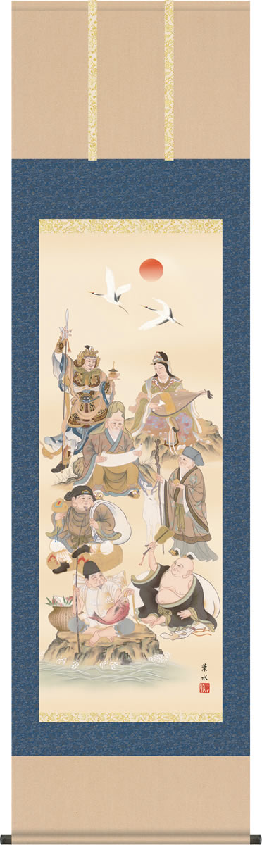 一点物 手描き 七福神図 掛軸 絹本 木軸 共箱付 縁起物 開運 和風インテリア 一点物 手描き 七福神図 掛軸 絹本 木軸 共箱付 縁起物 開運 和風