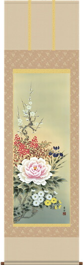 掛け軸-四季花／根本　葉舟（尺五・床の間に年中掛け用掛軸花鳥画掛軸をどうぞ） [送料無料]