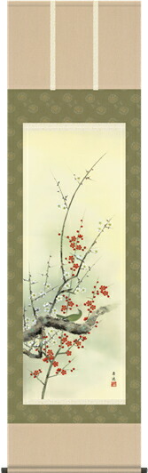掛け軸-紅白梅に鶯／根本　孝逸（尺五・床の間に冬春用掛軸花鳥画掛軸をどうぞ） [送料無料]