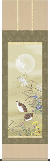 掛け軸-秋草に鶉／田村竹世（尺五）花鳥画掛軸・送料無料掛け軸