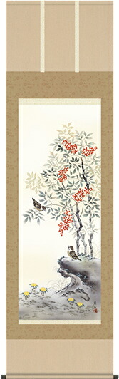 掛け軸-南天福寿／高見　蘭石（尺五・床の間に冬用掛軸花鳥画掛軸をどうぞ） [送料無料]｜掛け軸の【ほなこて】店