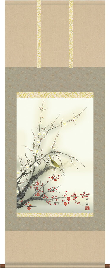 掛け軸-紅白梅に鶯／浮田秋水（尺五あんどん 桐箱）花鳥画掛軸 [送料無料]｜掛け軸の【ほなこて】店