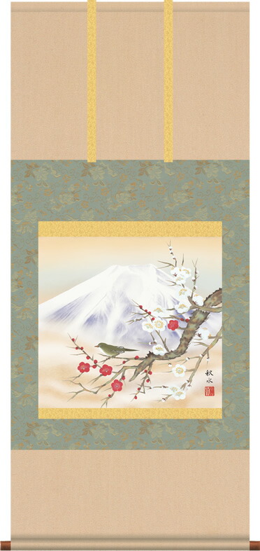 掛け軸-紅白梅に鶯／浮田秋水（尺五横 桐箱）花鳥画掛軸・送料無料掛け軸