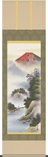 掛け軸-紅峰清風／鈴村秀山（尺五）山水掛軸・送料無料掛け軸[和室 床の間 モダン ギフト おしゃれ 壁掛け 吊るす 安い 贈物 贈答 表装]