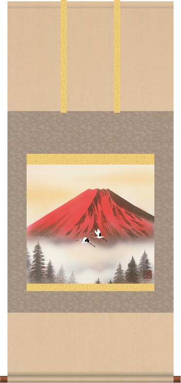 掛け軸-赤富士飛翔／伊藤香旬（尺五横 桐箱）山水画掛軸・送料無料掛け軸[和室 床の間 モダン ギフト おしゃれ 壁掛け 吊るす 安い 贈物 贈答 表装]｜掛け軸の【ほなこて】店
