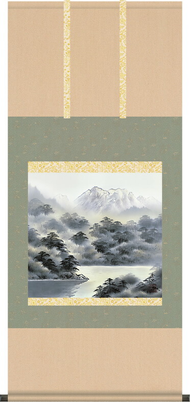 掛け軸-雄峰水明／鈴村秀山（尺五横 桐箱）山水画掛軸・送料無料掛け軸[和室 床の間 モダン ギフト おしゃれ 壁掛け 吊るす 安い 贈物 贈答 表装]