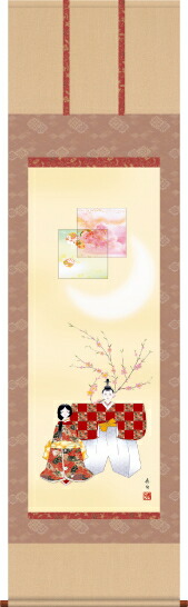 掛け軸-立雛／伊藤　香旬（尺五・床の間に桃の節句画掛軸華やかな掛軸をどうぞ）