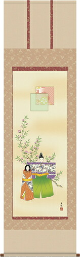 掛け軸-立雛／西尾　香悦（尺五・床の間に桃の節句画掛軸華やかな掛軸をどうぞ）[和室 床の間 節句画 桃 雛祭り お雛様 女の子 モダン オシャレ 壁掛け 安い 贈物 ギフト 飾る]