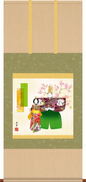 掛け軸-立雛／野川　秀華（尺五横・床の間に桃の節句画掛軸華やかな掛軸をどうぞ）