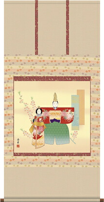 掛け軸-立雛／野川　秀華（横広タイプ尺八横・床の間に桃の節句画掛軸華やかな掛軸をどうぞ）